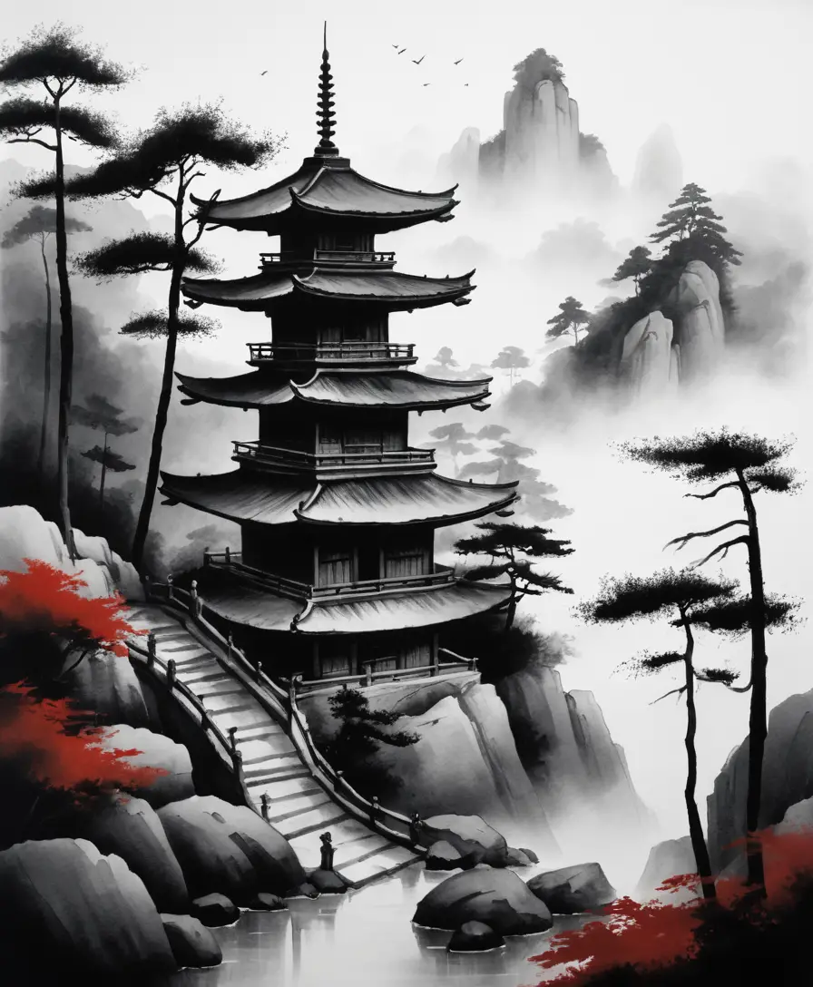 Eine hölzerne Pagode erhebt sich durch den Nebel über einem stillen Hang
