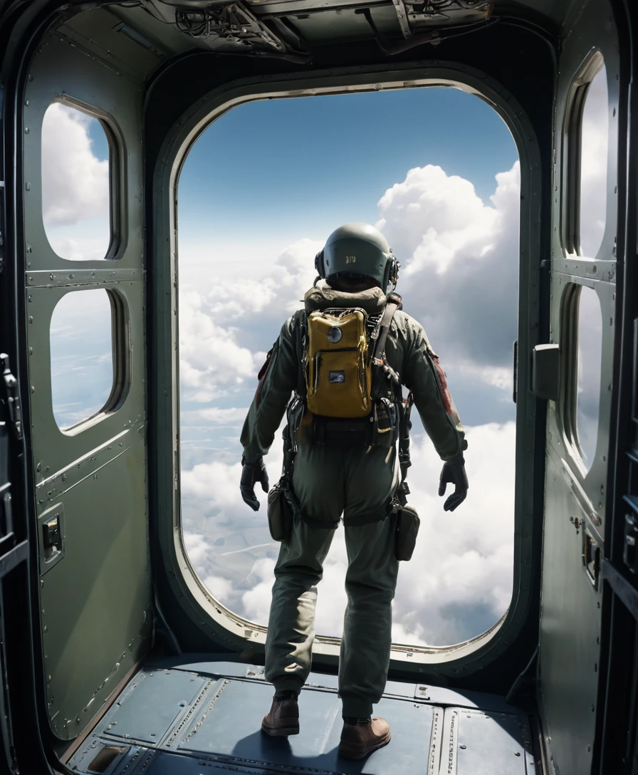 Parachutist prepares to jump from an open aircraft door