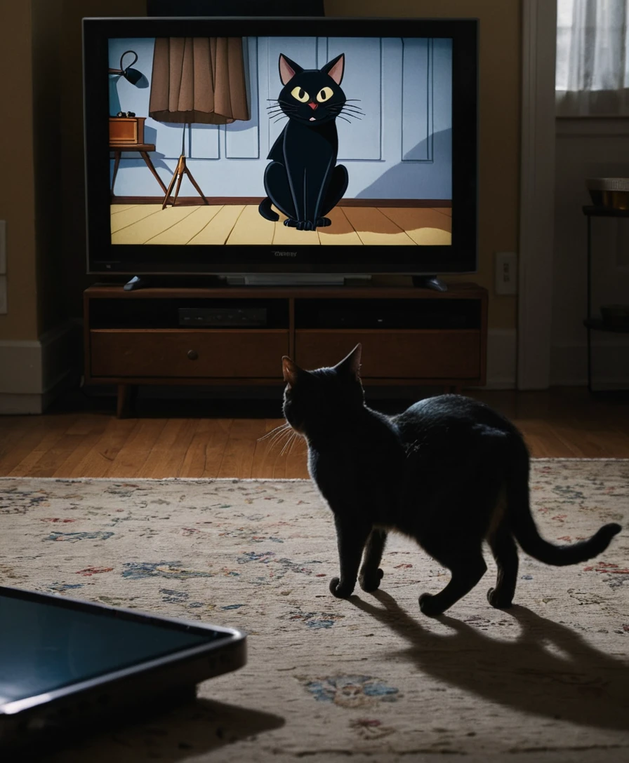 A black cat prowls through a dark living room
