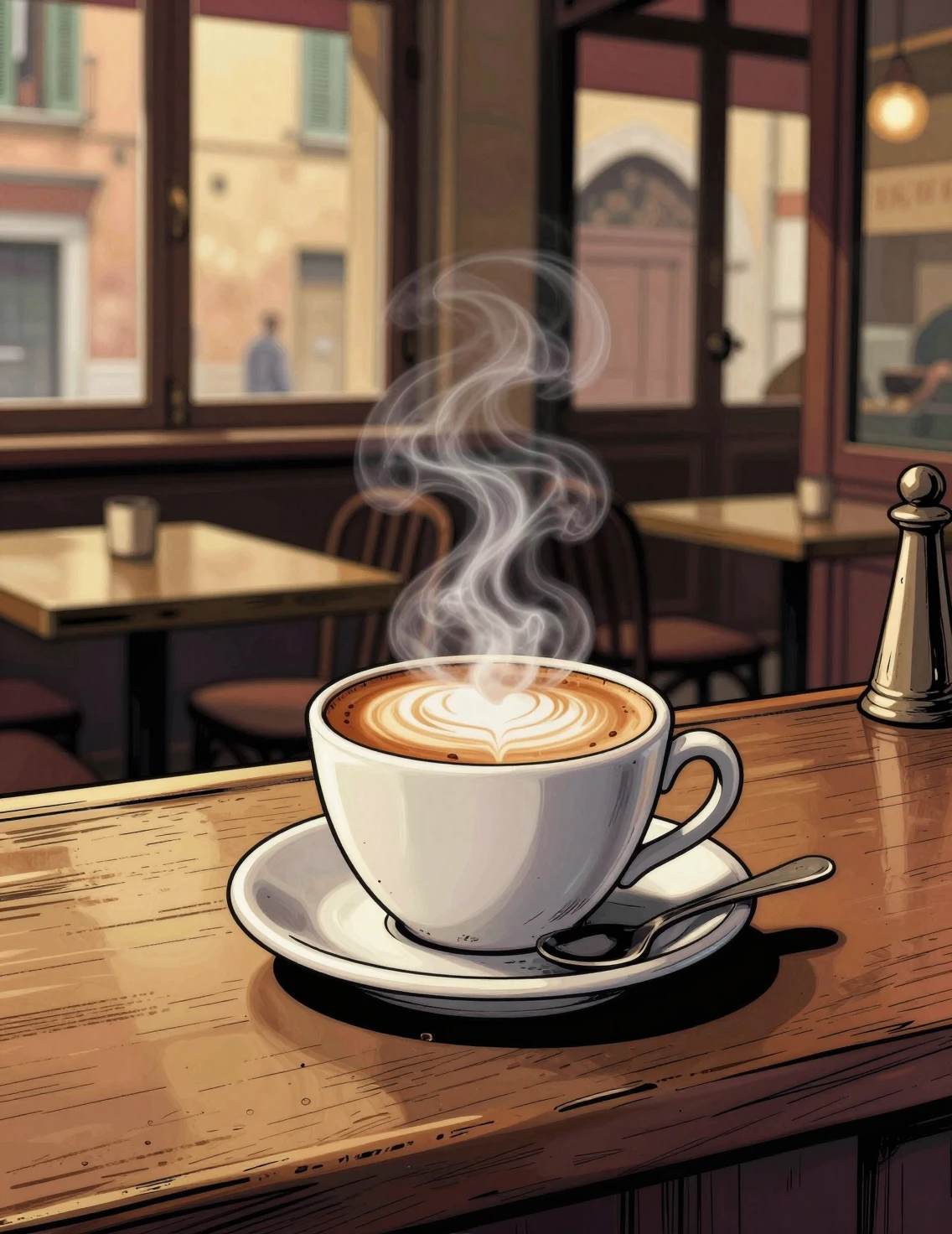 A steaming cappuccino cup rests on a cafe bar in Italy