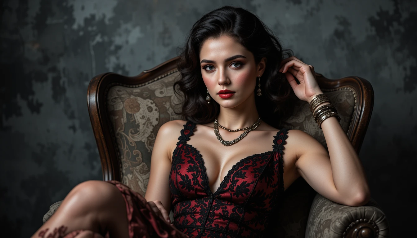 Uma mulher reclina-se numa poltrona vintage desgastada diante de um cenário envolvente