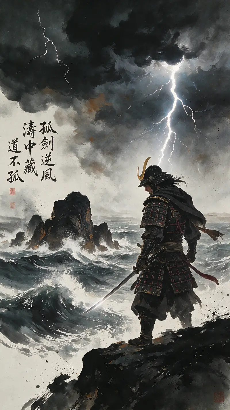 Ein einsamer Samurai blickt von einer zerklüfteten Klippe auf ein stürmisches Meer