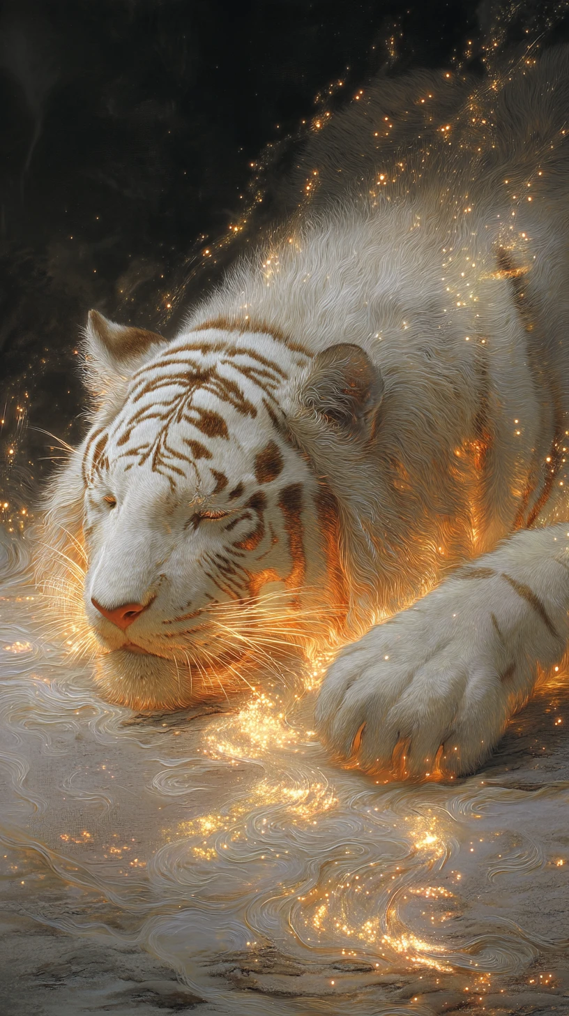Un tigre blanc colossal repose sous un ancien ciel nocturne chinois