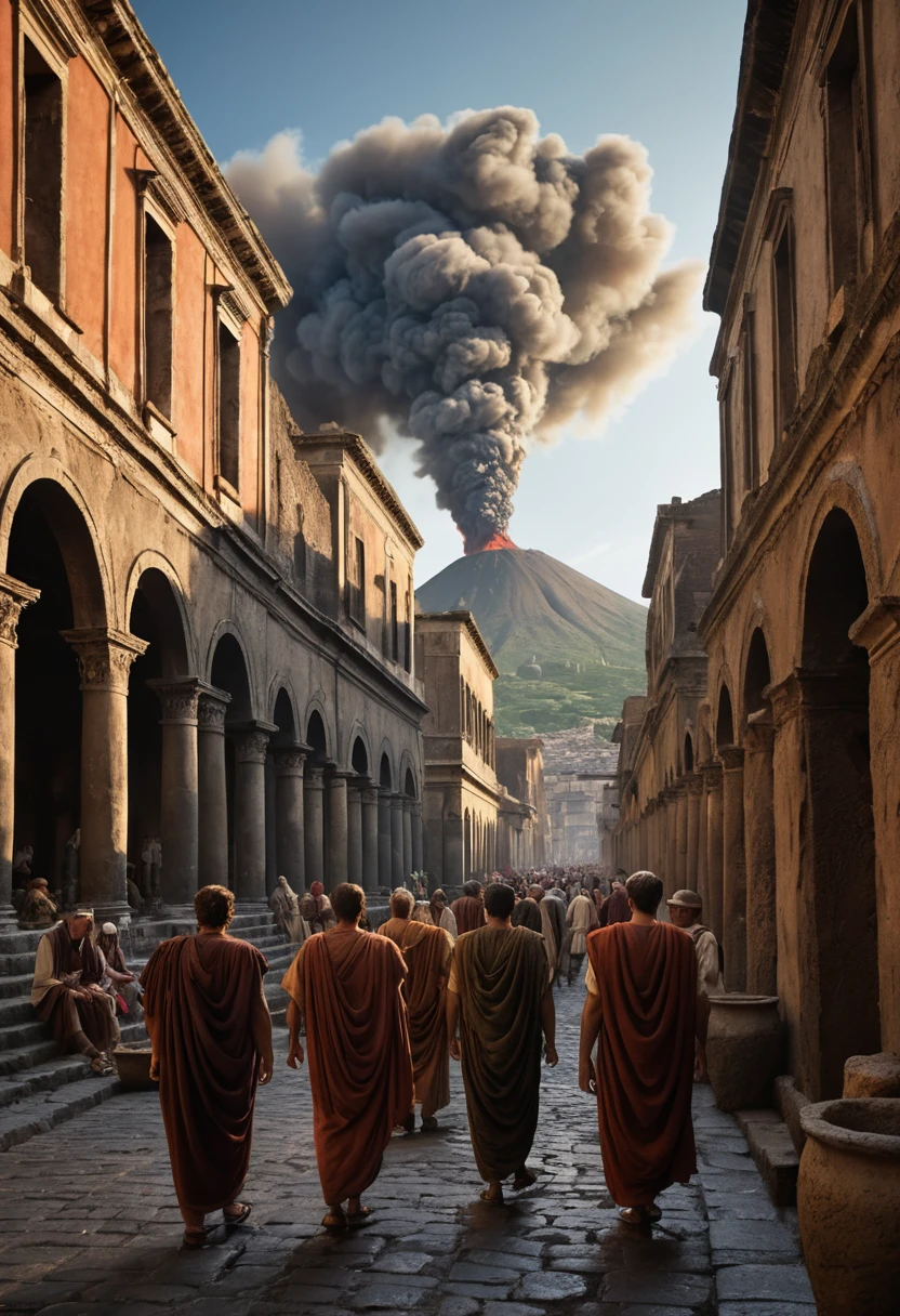Cidadãos de Pompeia observam o Vesúvio entrar em erupção sobre uma antiga rua romana