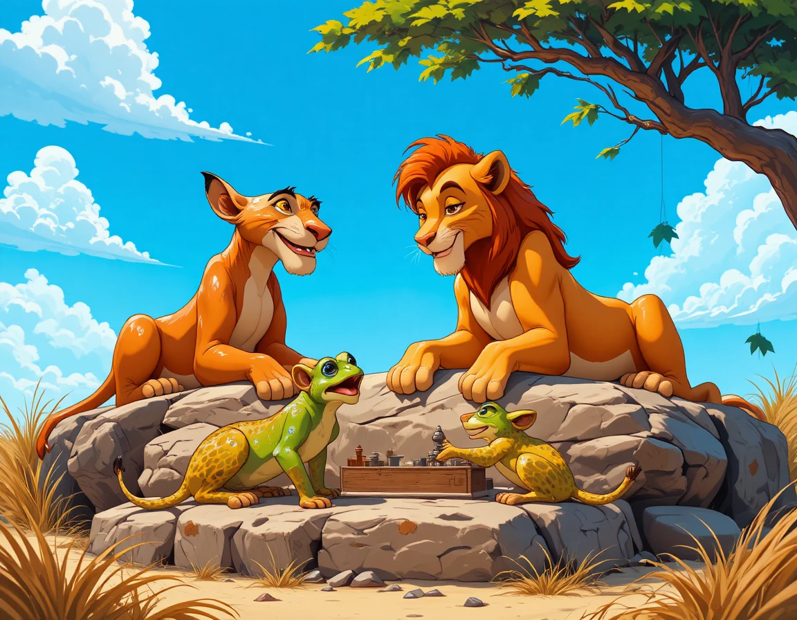 Lioness and playful cubs gather in a sunlit Pride Lands savanna