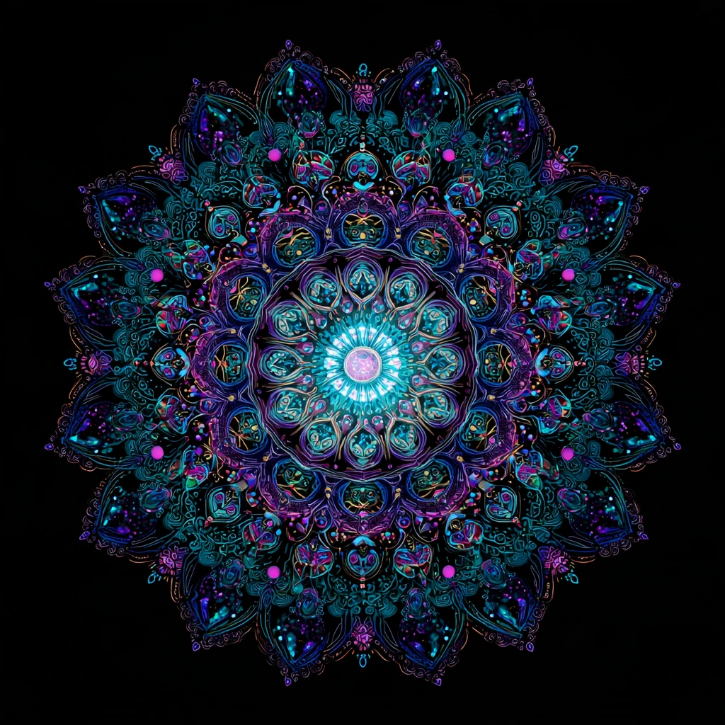 Un mandala éclatant de géométrie psychédélique sur fond noir profond