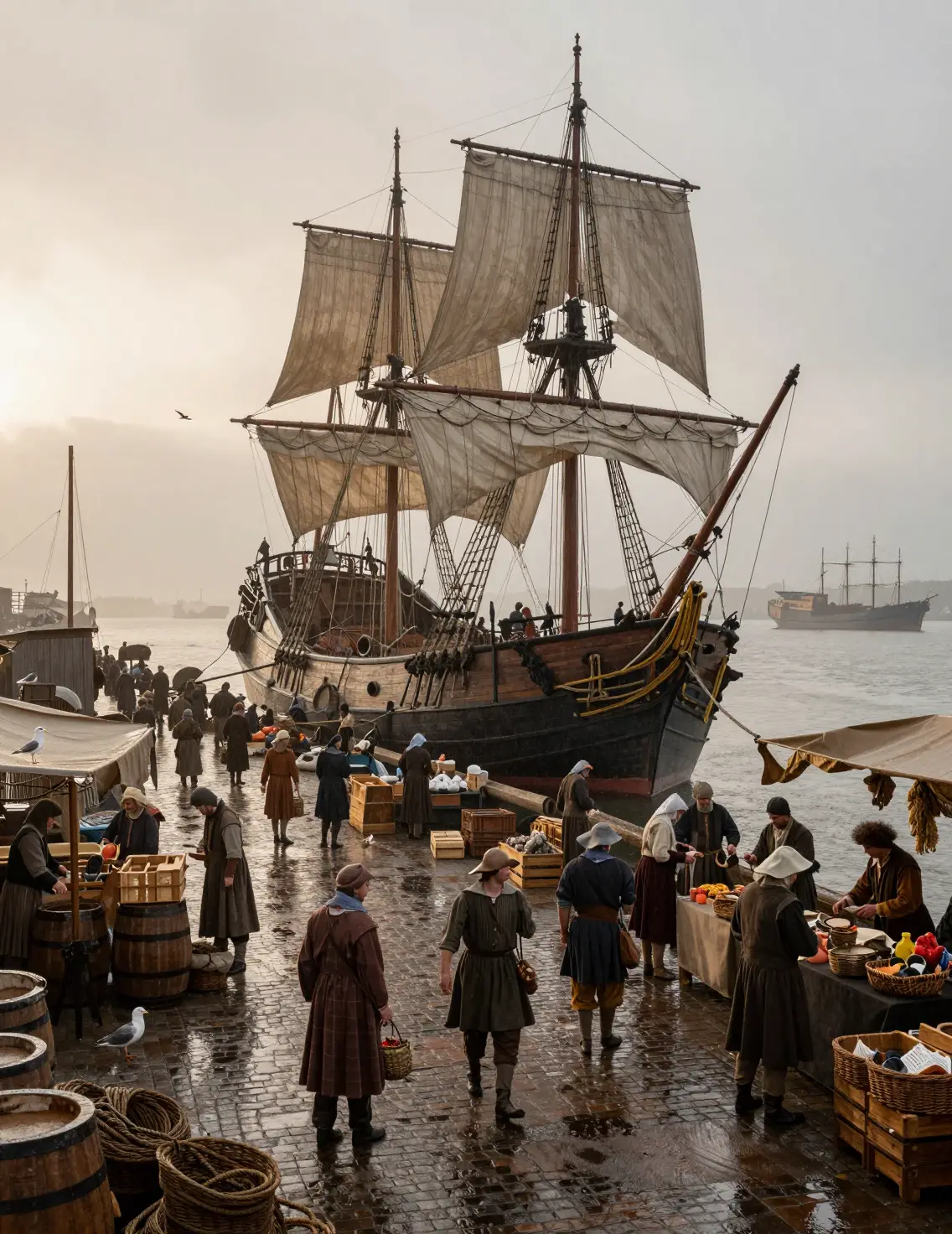 Ein Segelschiff überragt einen verregneten Hafenmarkt des 17. Jahrhunderts