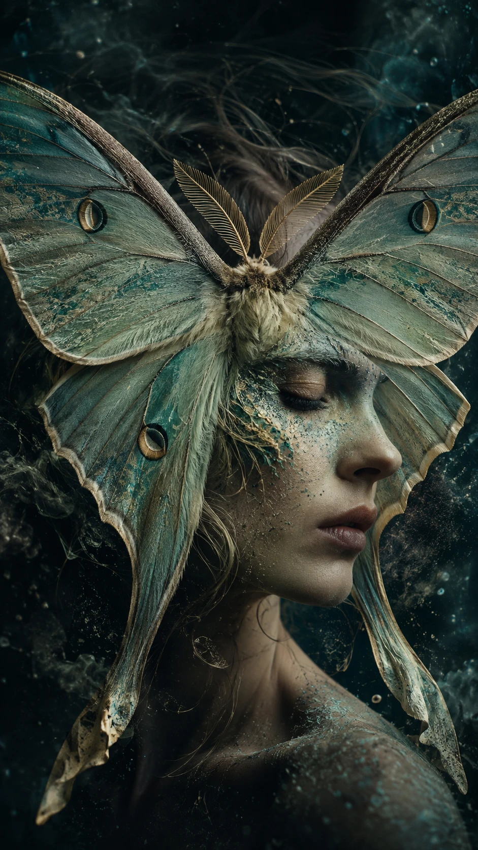 O perfil oculto de uma mulher surge entre as asas de uma mariposa-luna