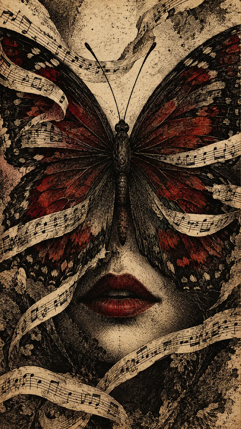 A butterfly emerges from antique musical notation in a surreal etching