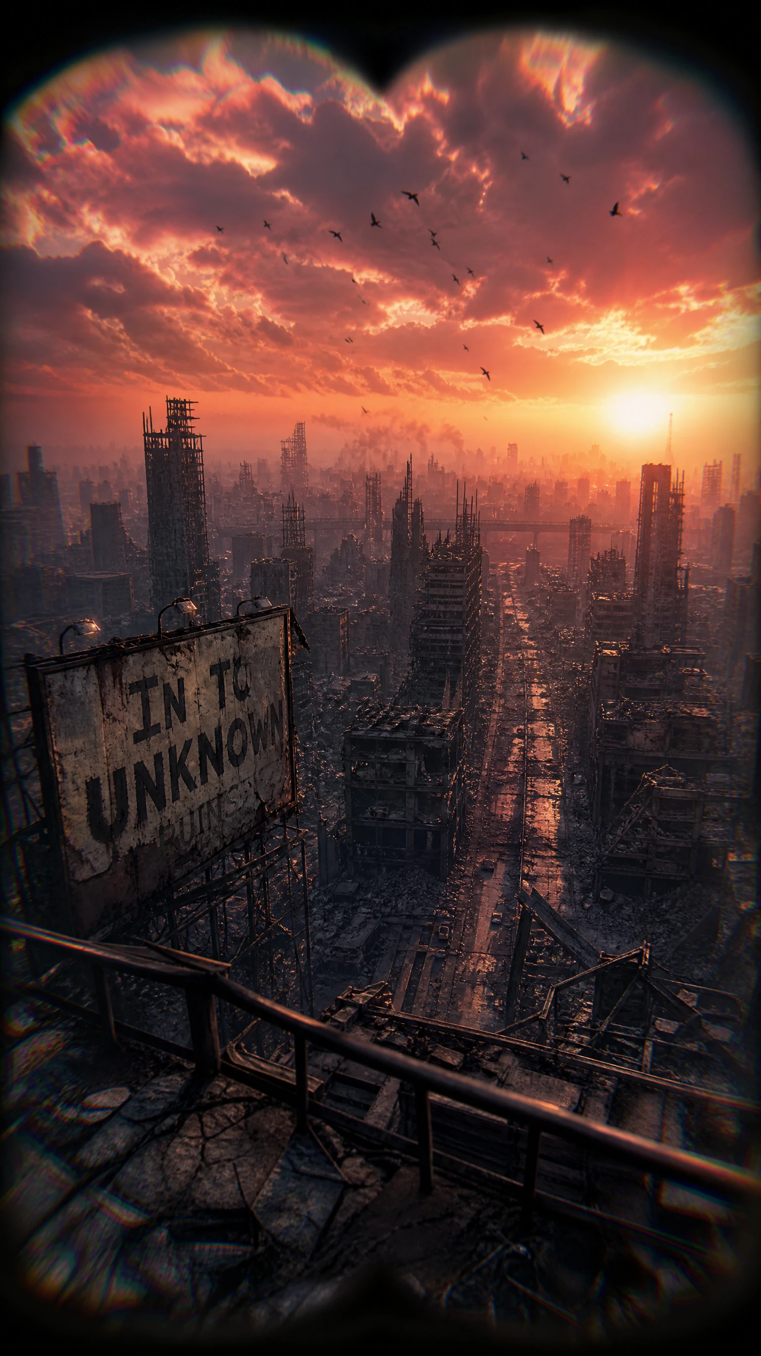 La silhouette d’une ville en ruines sous de spectaculaires nuages du soir