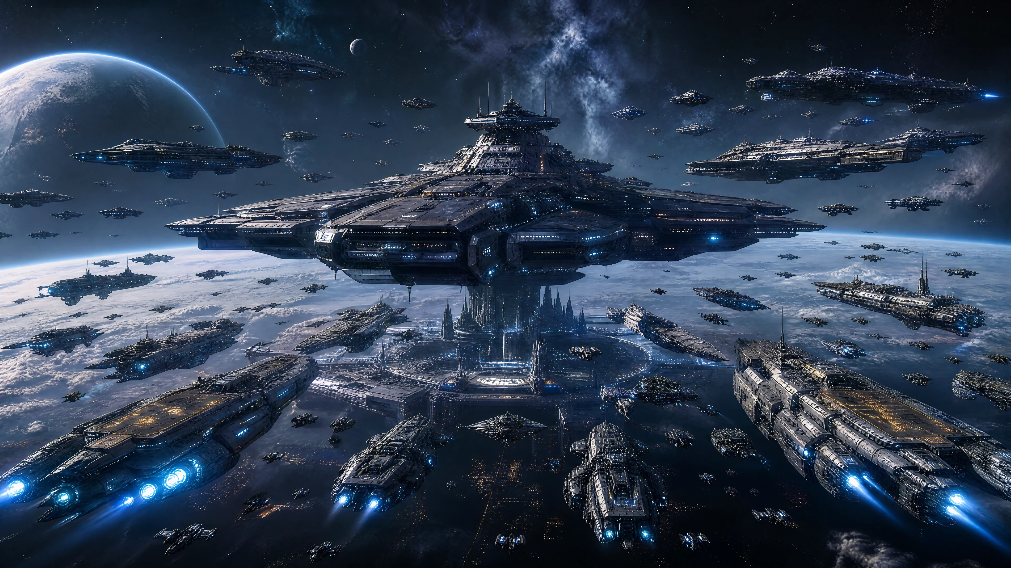 A vast armada of futuristic warships surrounds a majestic command ship