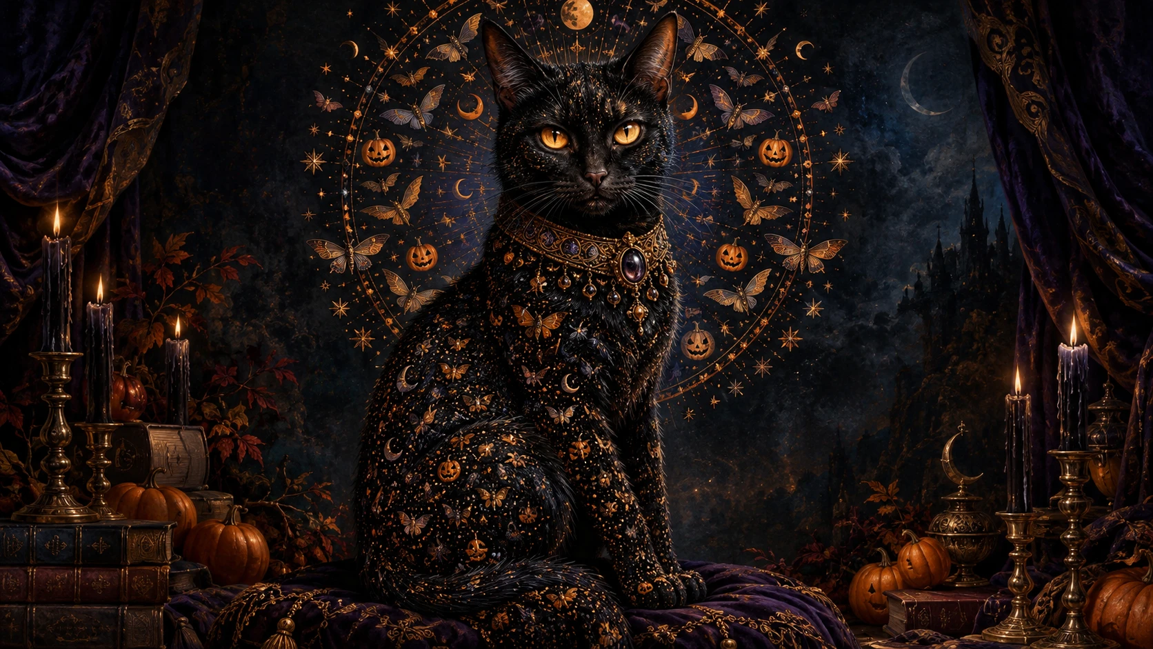 Um gato preto senta-se sob uma auréola ornamentada de morcegos, luas, abóboras, mariposas e estrelas