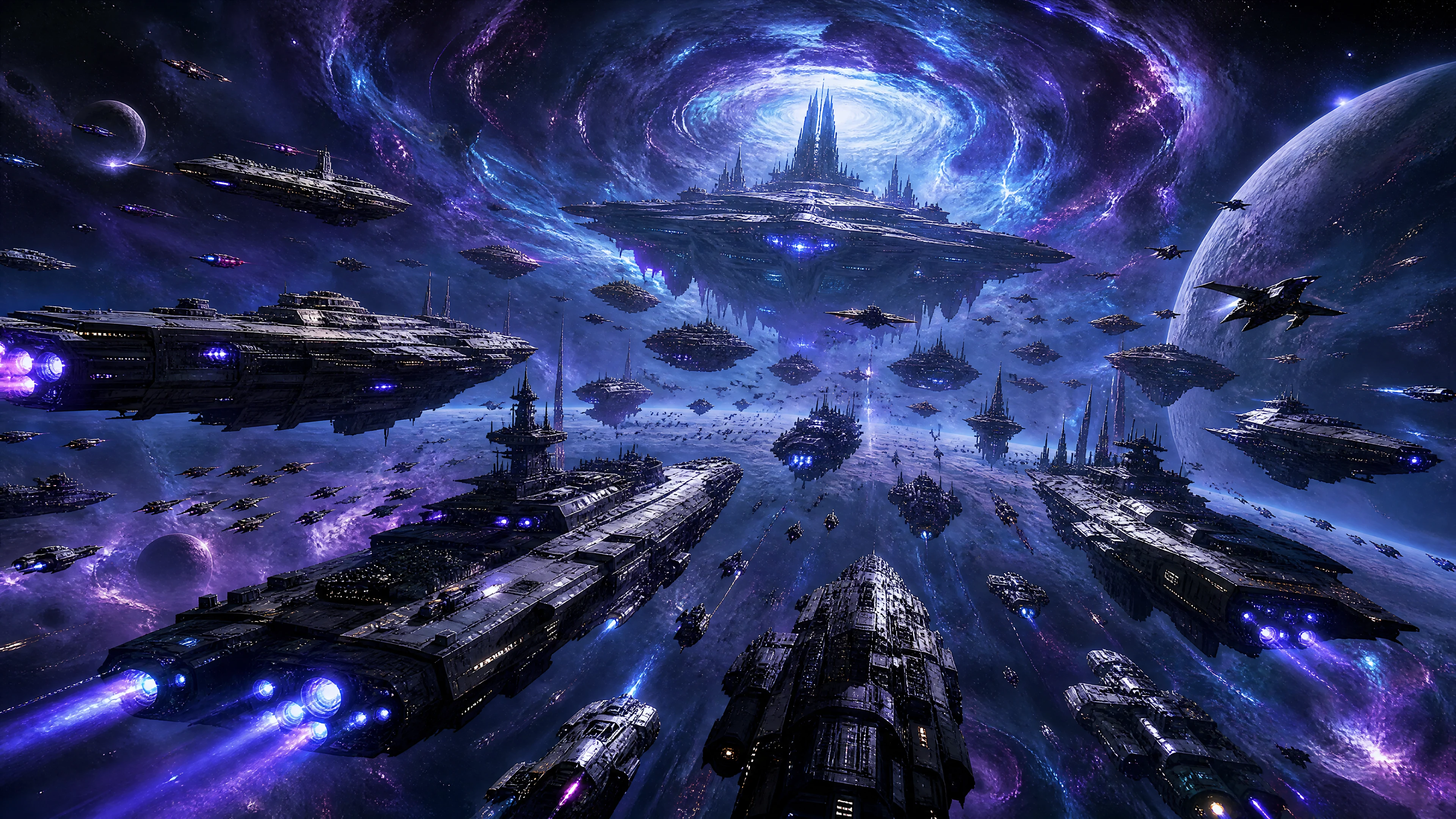 Eine gewaltige Weltraumflotte umkreist ihr Kommandoschiff vor einer sternenübersäten kosmischen Kulisse