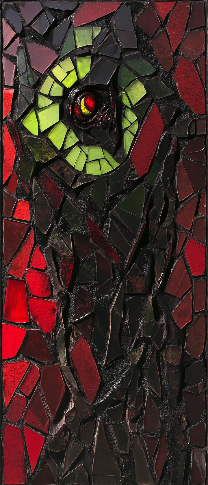 Ein unheimliches Mosaik aus zerbrochenen Fliesen in Karmesinrot, Schwarz und Limettengrün