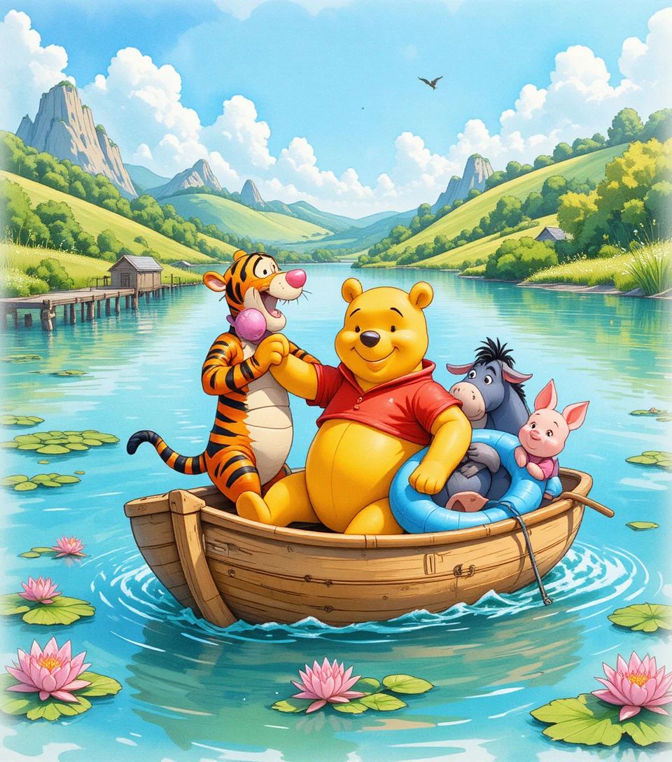 Winnie the Pooh and Friends Share a Sunny Boat Ride Across Turquoise Water