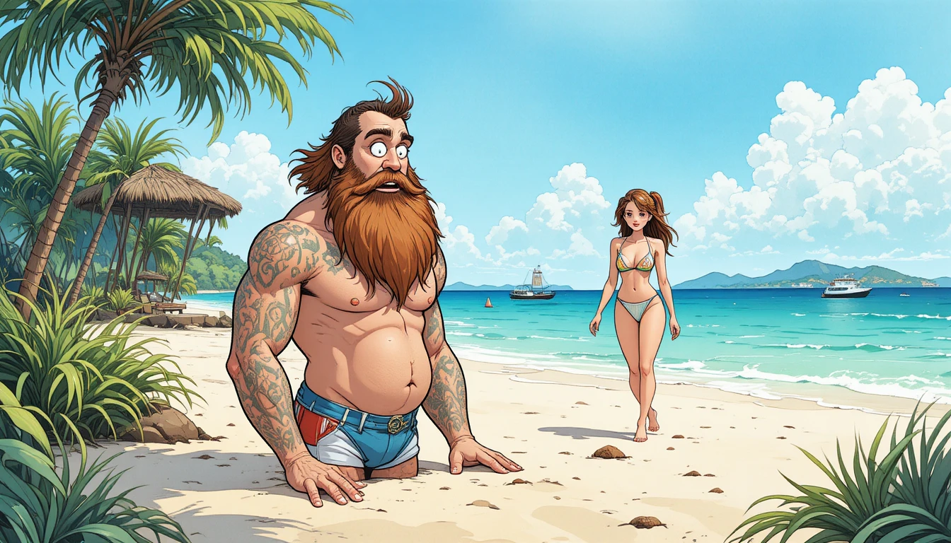 Un naufragé barbu regarde avec surprise une femme arriver sur la plage