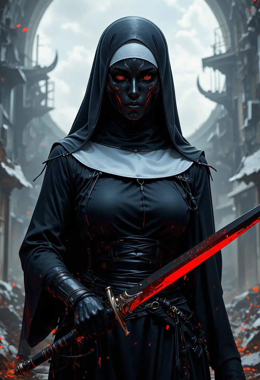 Eine Anime-Auftragskiller-Nonne schwingt vor höllischer Kulisse ein Breitschwert