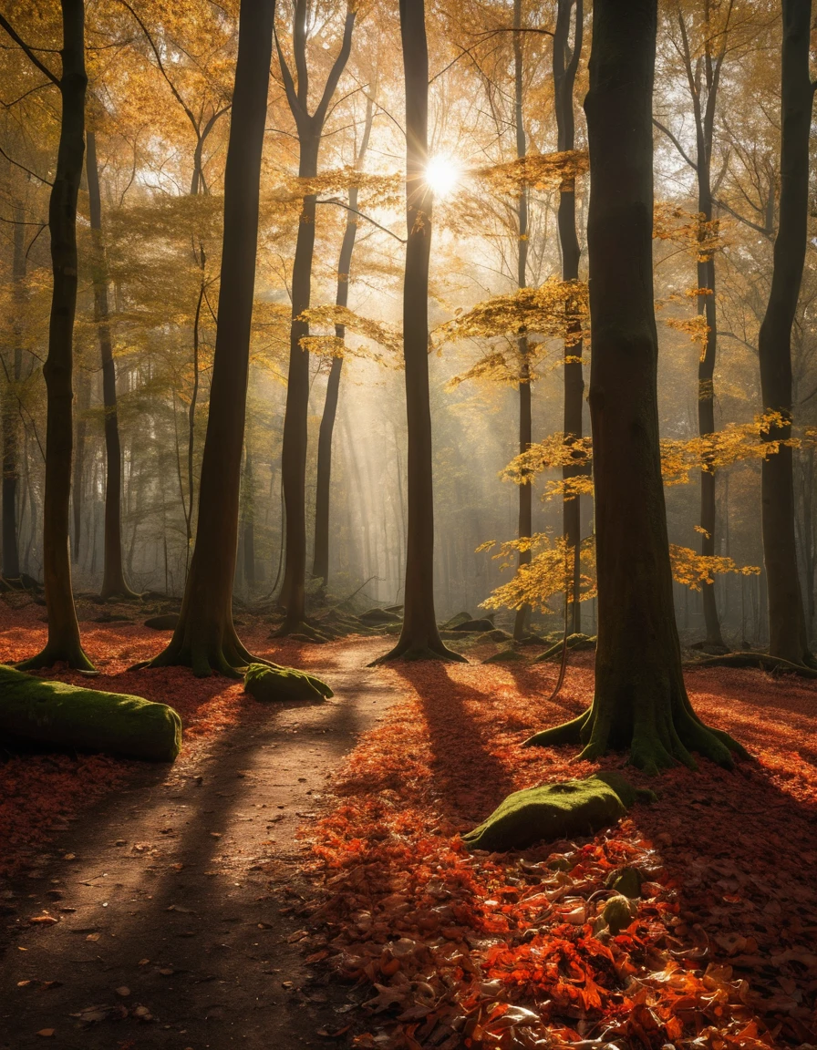 Bosque otoñal dorado con hojas que flotan entre rayos de sol