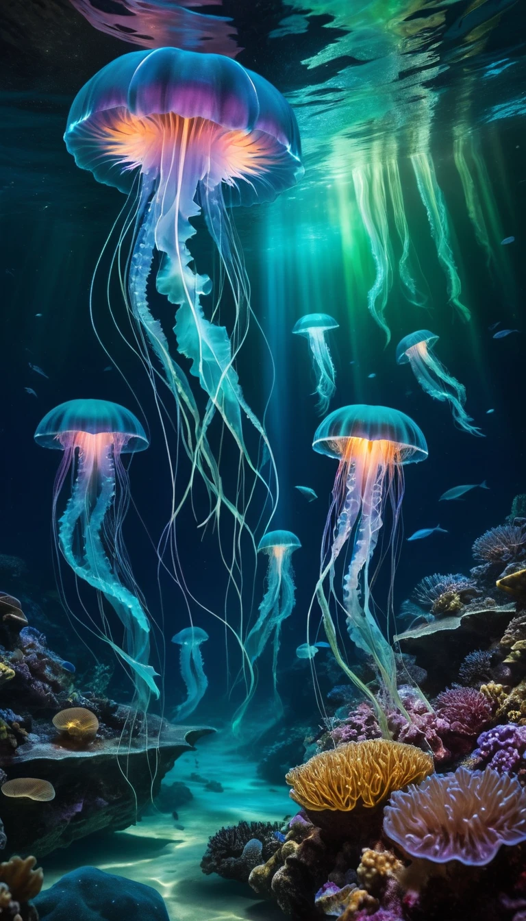 Padrões etéreos de luz percorrem um oceano subaquático luminoso