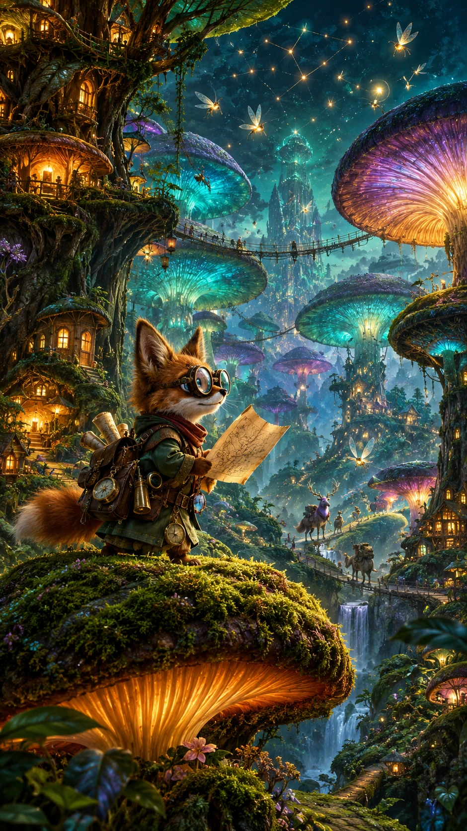 A fox explorer maps a luminous forest from a mossy mushroom