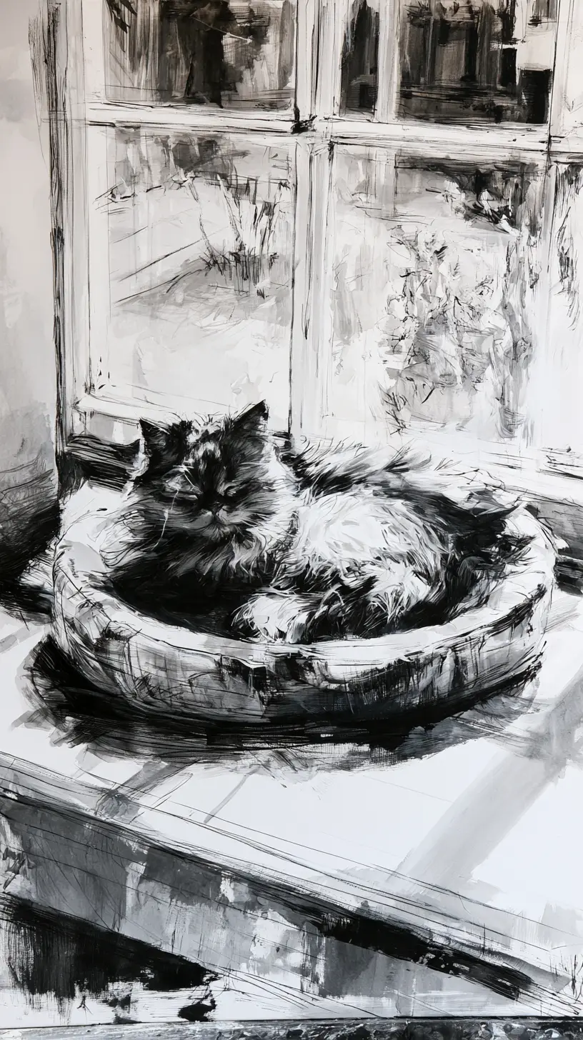 A fluffy Persian cat sleeps in a basket beside a sunlit window