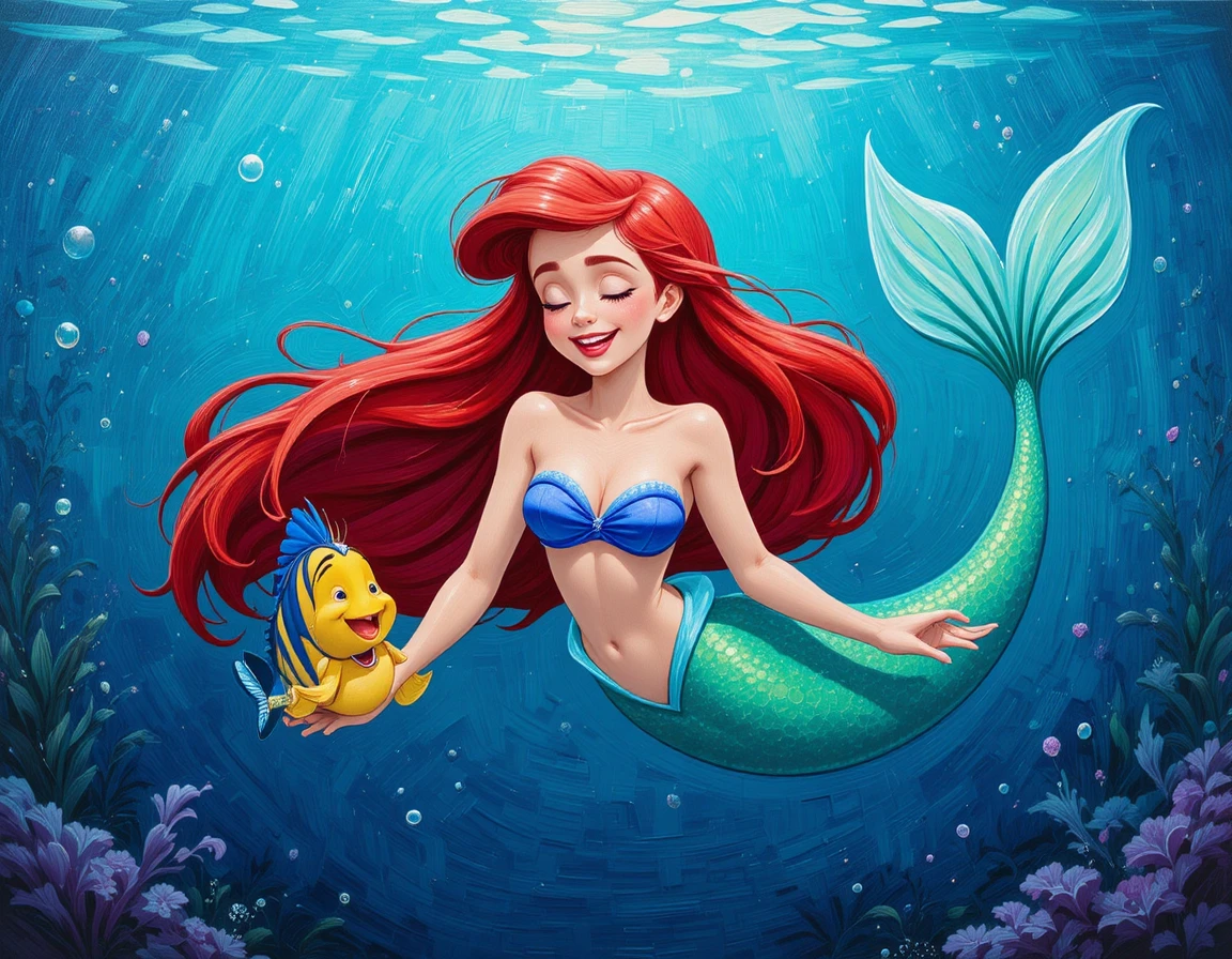 Ariel nada com Linguado em um cenário subaquático de azul profundo