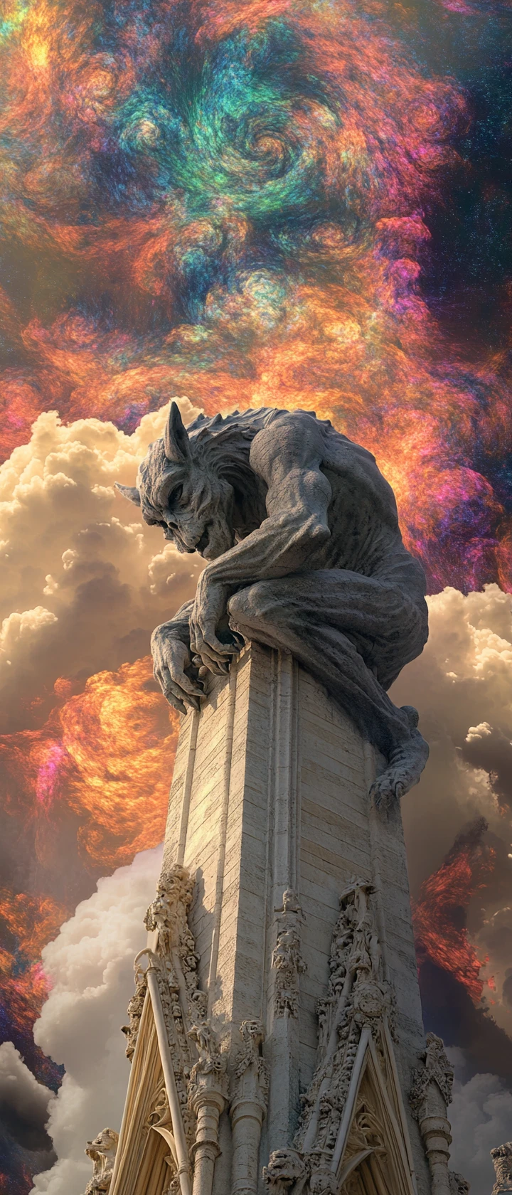 Uma antiga gárgula se agacha sobre uma catedral gótica sob um céu psicodélico