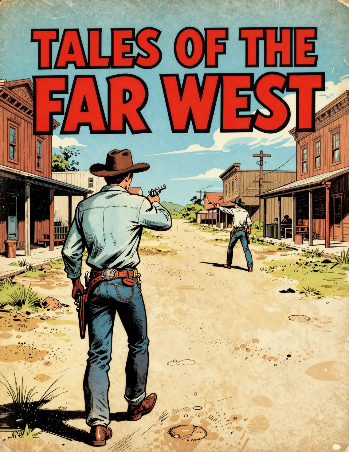 A cowboy walks toward a showdown on a deserted western town street