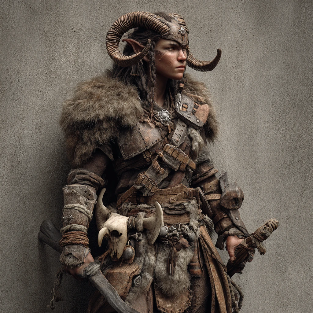 Um bárbaro tiefling com armas primitivas de osso, couro e pele