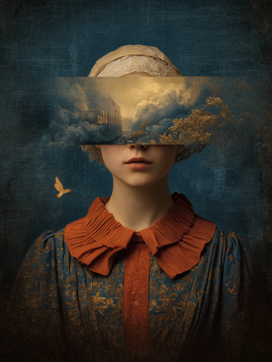 Uma colagem surrealista e minimalista em índigo profundo e vermelho-alaranjado