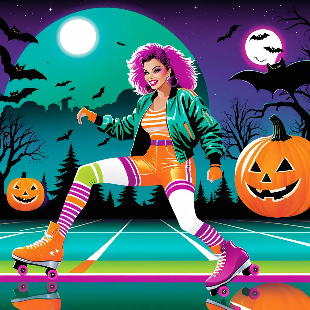 Una momia se tambalea por una pista de patinaje de Halloween con neones y luces de discoteca