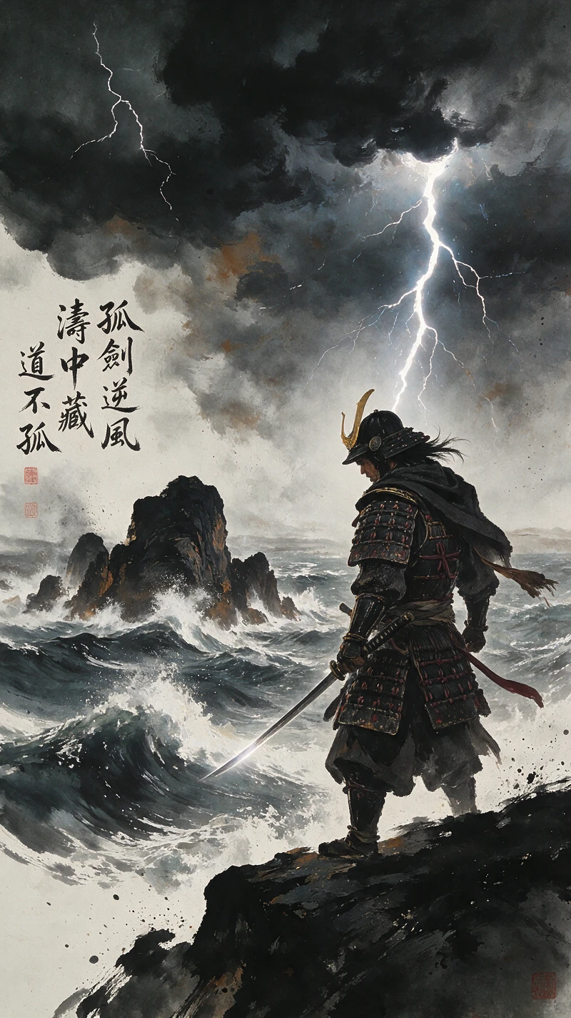 Um samurai solitário encara um mar tempestuoso do alto de um penhasco escarpado