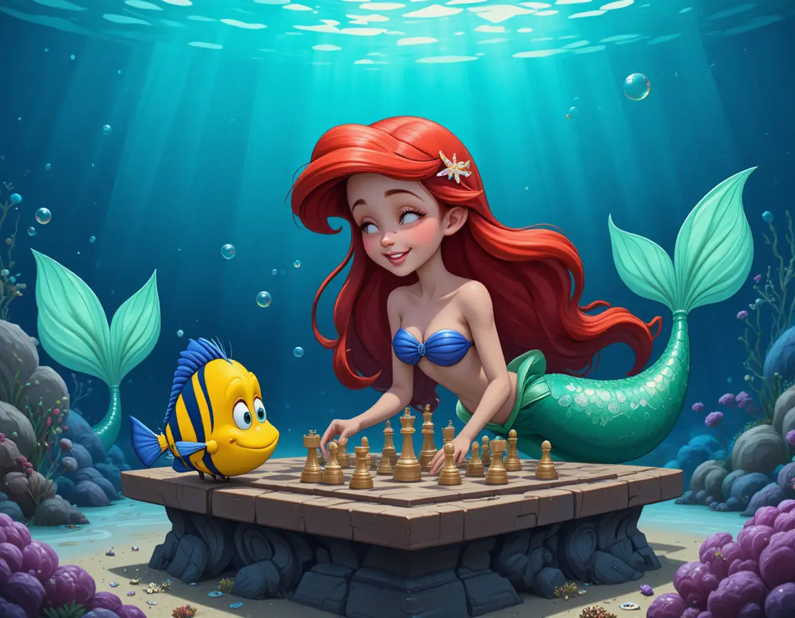 A frog-headed alien plays chess with an eagle-headed rival on a beach