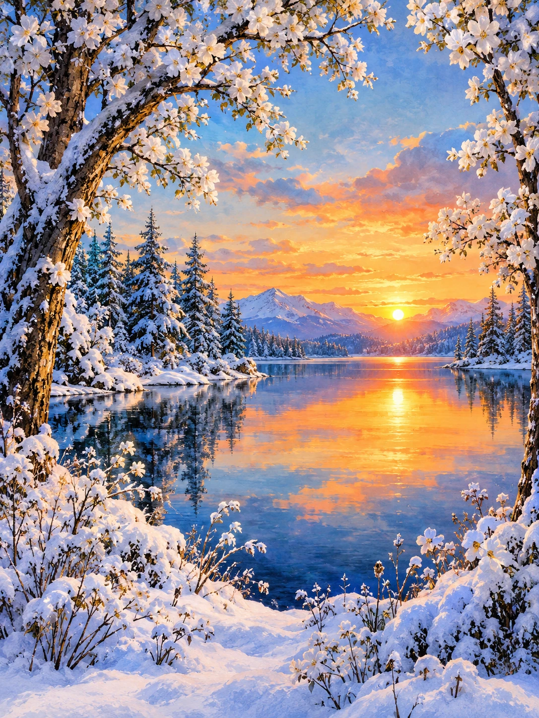 Verschneite Kiefern umgeben einen spiegelnden See in einer winterlichen Aquarelllandschaft