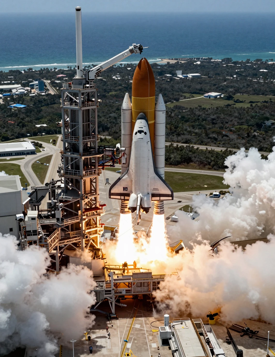 Uno shuttle spaziale si alza sopra Cape Canaveral tra imponenti colonne di fumo