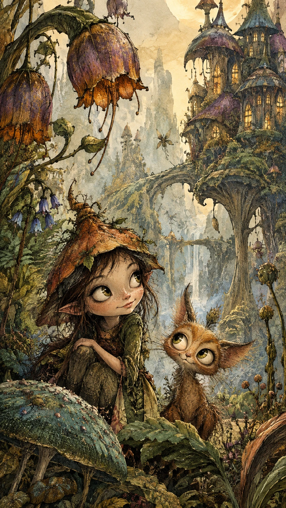 Personagens encantadoras da floresta com olhos enormes entre plantas vivas