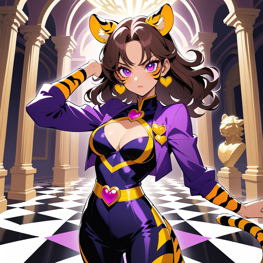 Anime tiger woman strikes a runway pose in a dramatic villa
