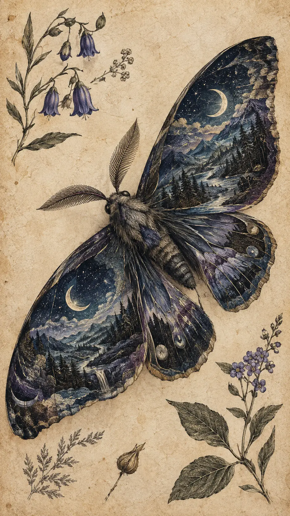 A moth rests on a botanical sheet with nocturnal worlds in its wings