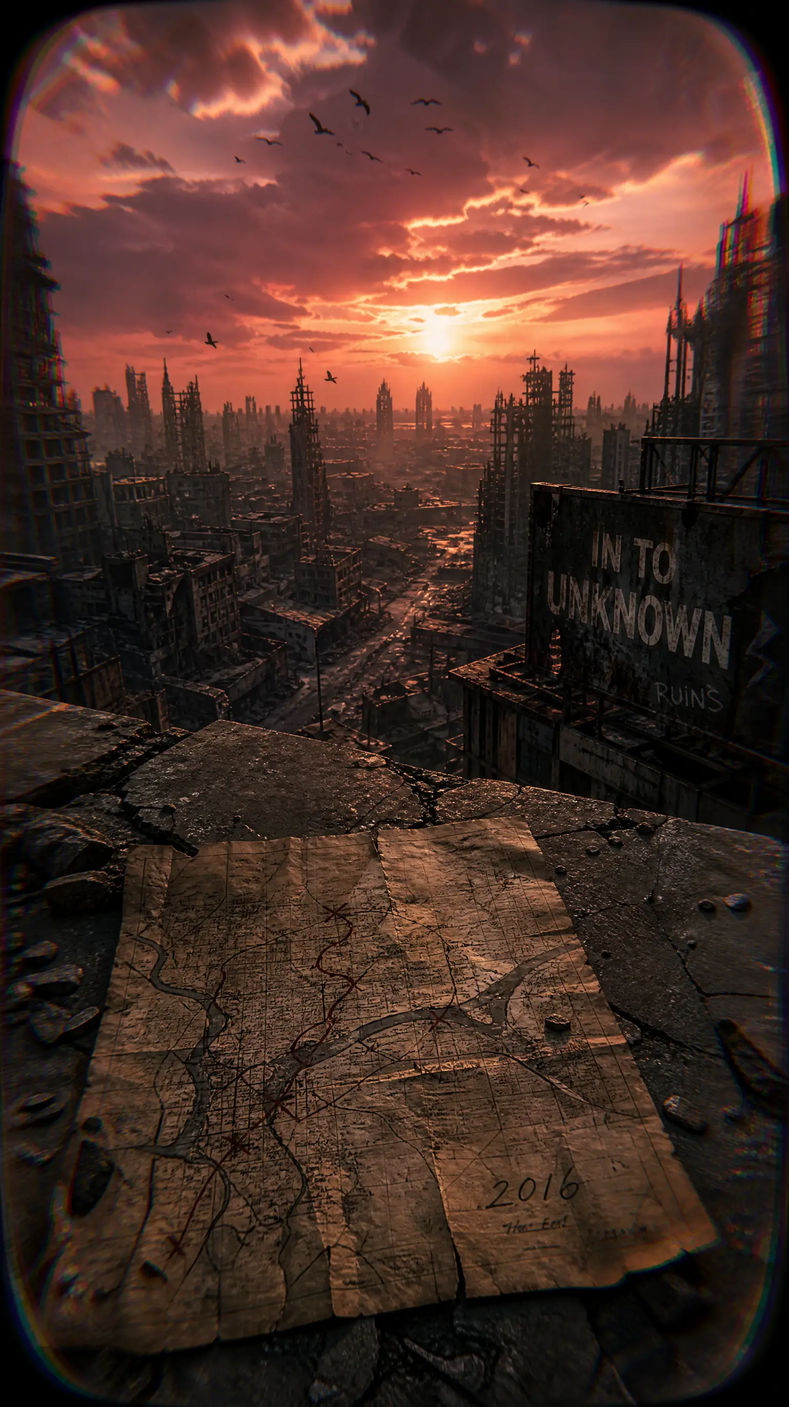 Eine verwitterte Karte blickt auf eine skelettartige Stadt unter einem stürmischen Abendhimmel