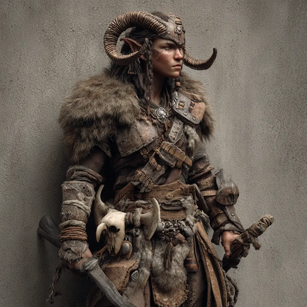 A tiefling barbarian with primitive bone weapons, leather, and fur