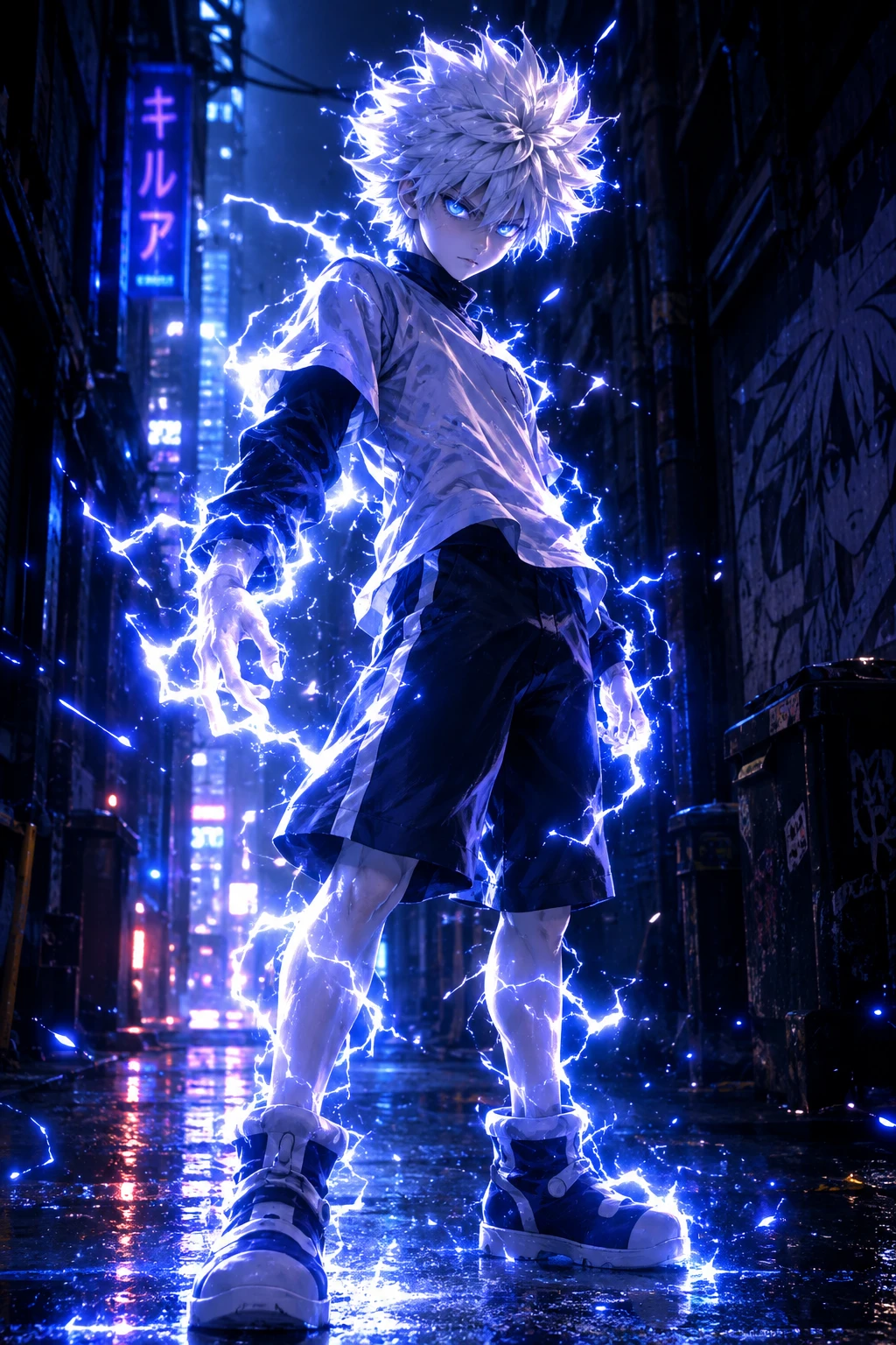A silver-haired anime character surrounded by lightning in a dark urban alley