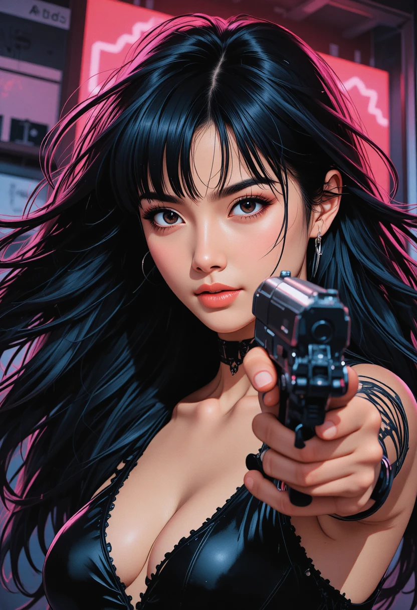 Retrato em estilo mangá de uma japonesa apontando uma arma para o observador
