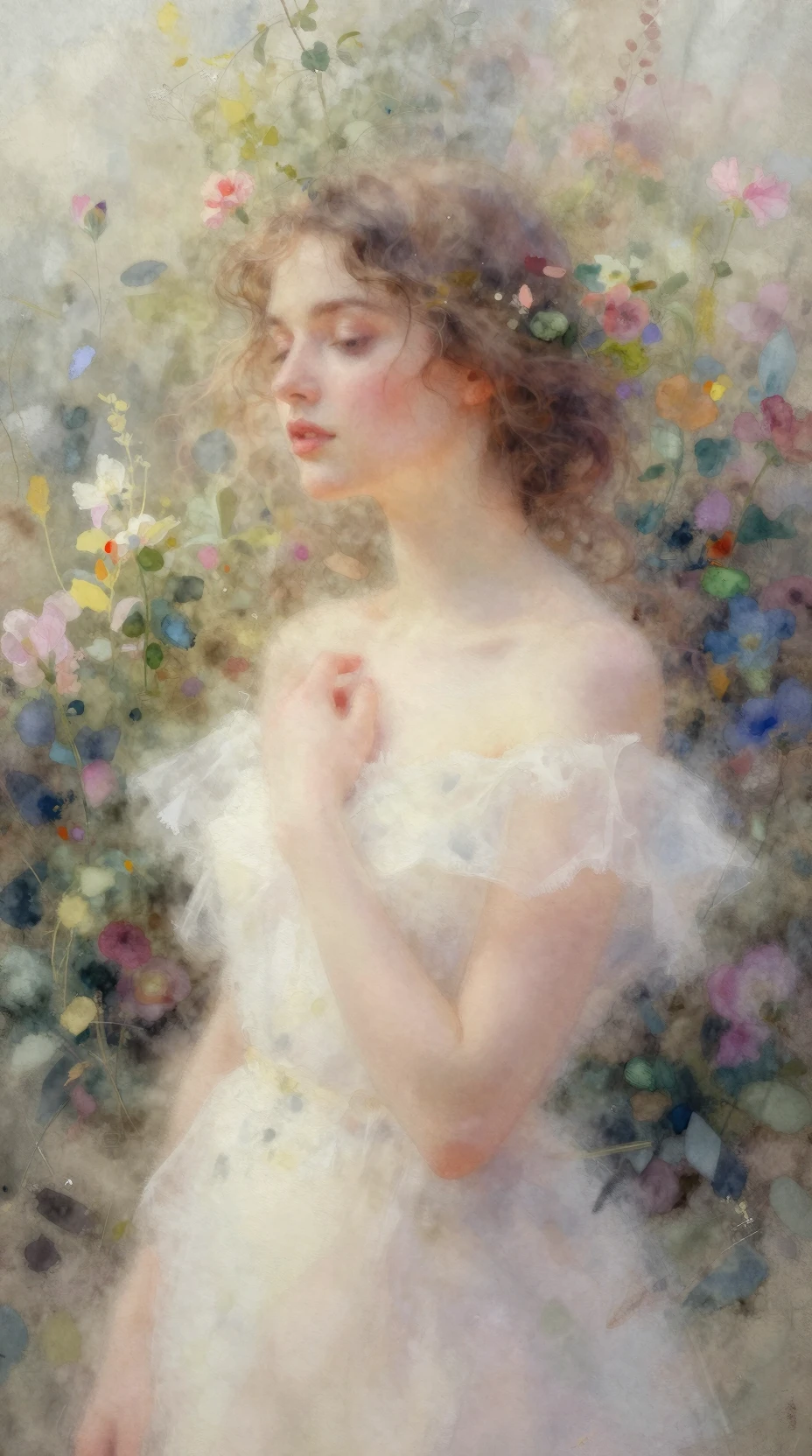 Une femme éthérée entourée de fleurs et de feuillages tourbillonnants