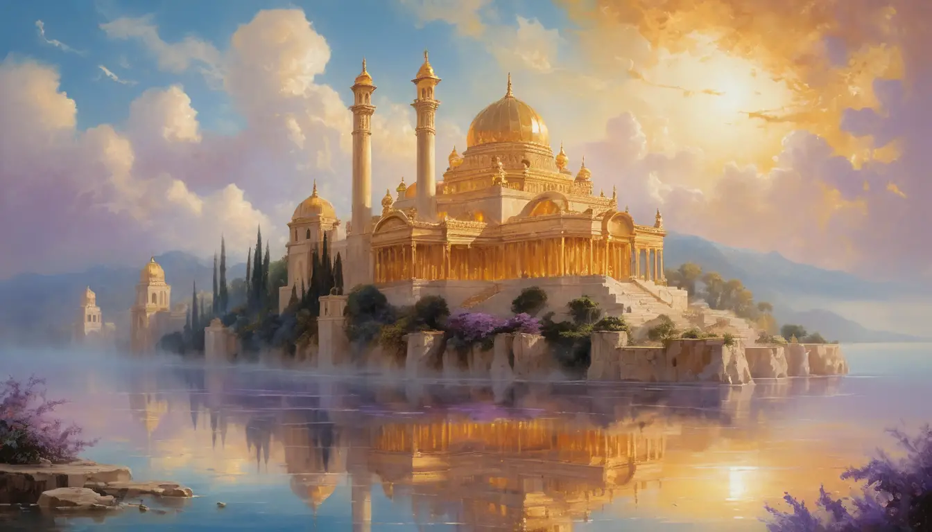 Ein Palast schwebt über goldenen Wolken unter einem strahlenden Himmel