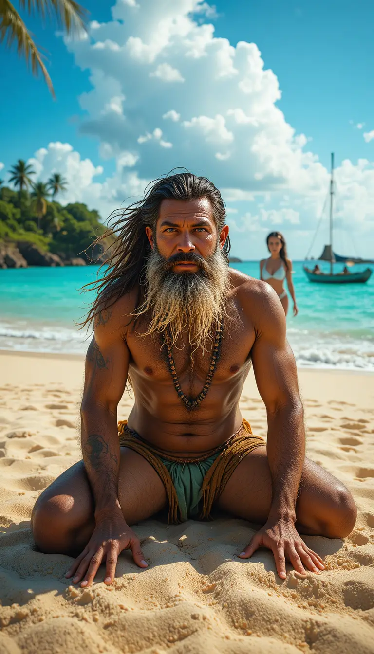 A shipwrecked man stands stunned on a remote tropical beach