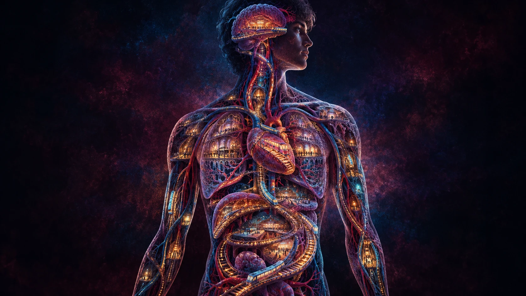 Una figura solitaria revela una vía férrea luminosa que serpentea por el cuerpo humano