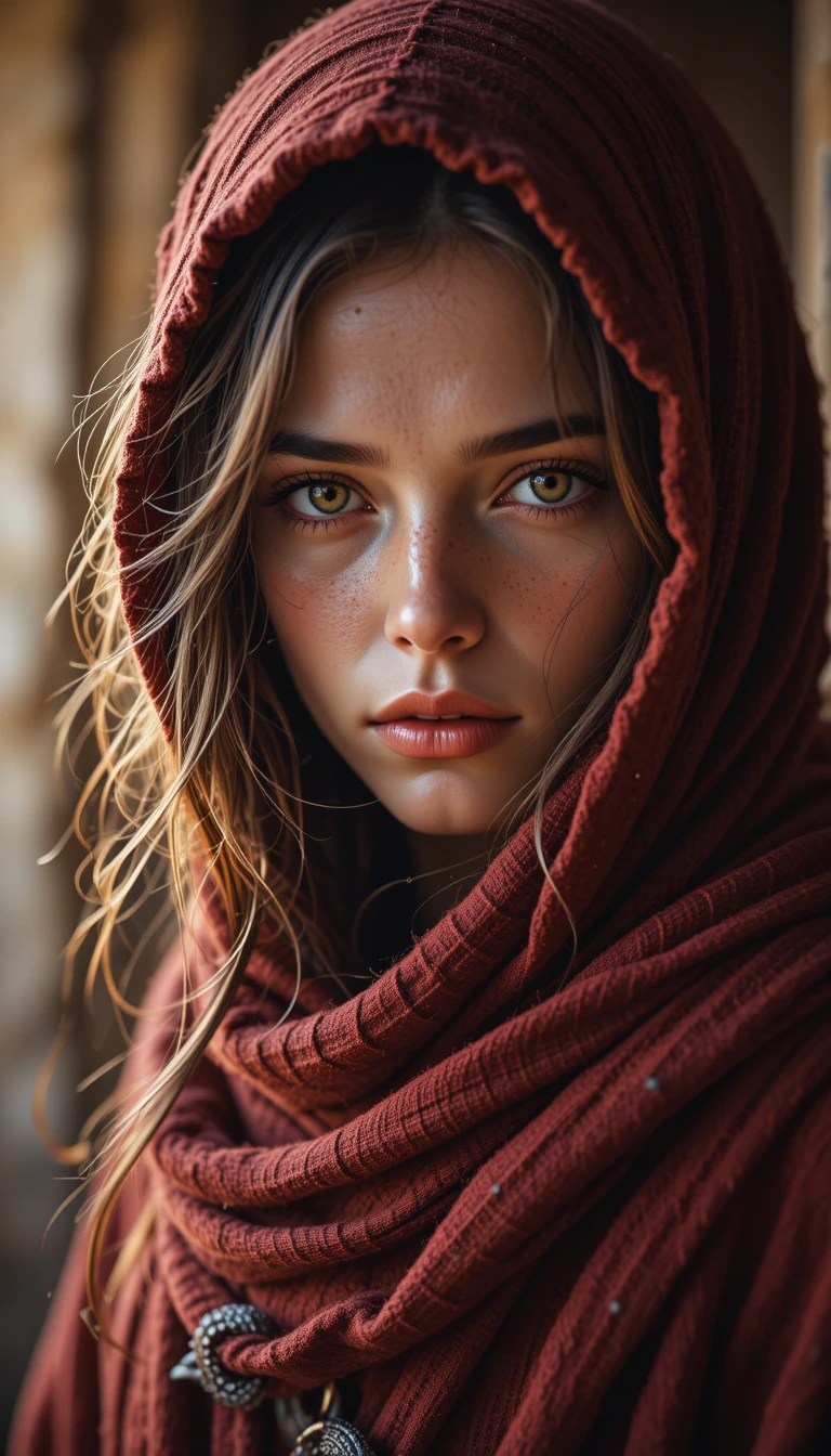 A hooded traveler gazes out beneath a weathered red cloak