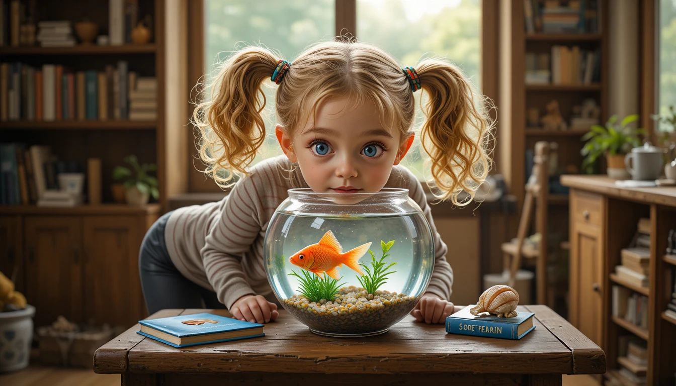 Uma menina curiosa observa um peixinho dourado laranja num aquário de vidro