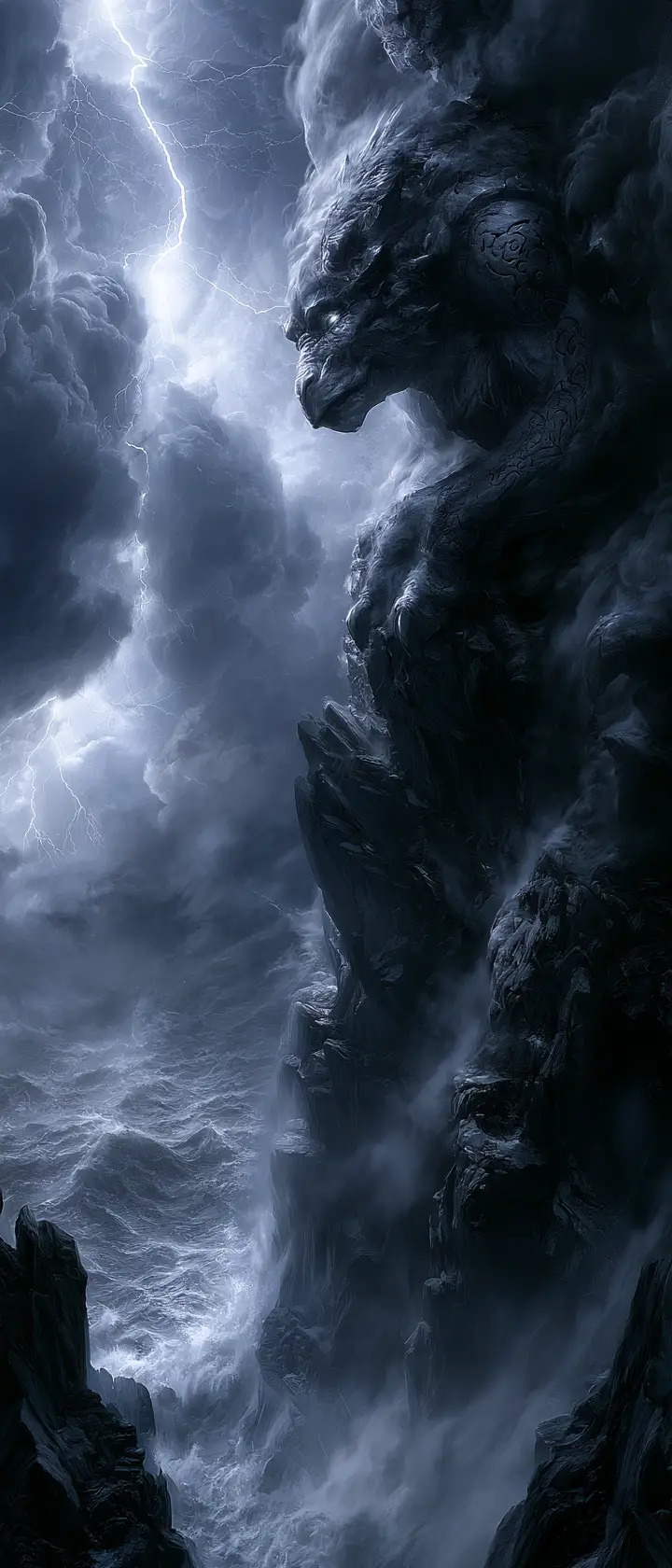 Obsidian gargoyle perched above a storm-tossed sea on jagged cliffs