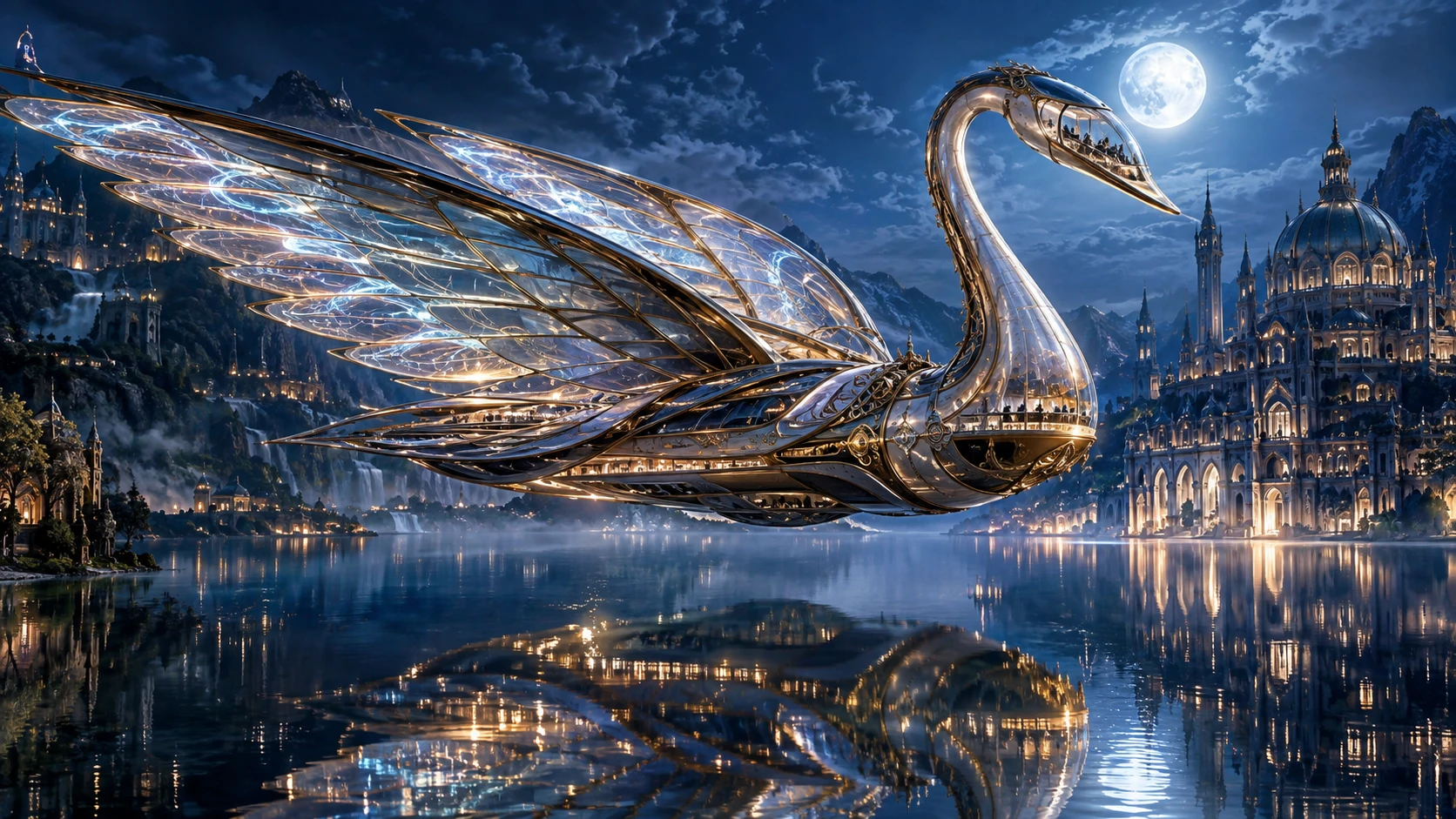 Uma aeronave metálica em forma de cisne desliza sobre um lago iluminado pela lua, junto a palácios colossais